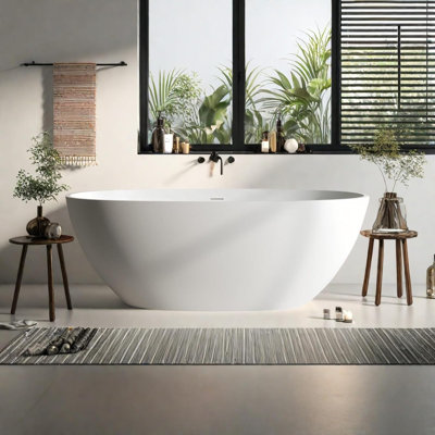 63"Solid Surface Tub, Oval Resin Stone Tubs with Integrated Overflow and Pop-up Drain