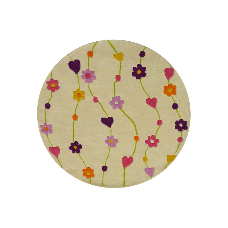 Kids Flowers Round Wool Beige Rug, Round 150cm