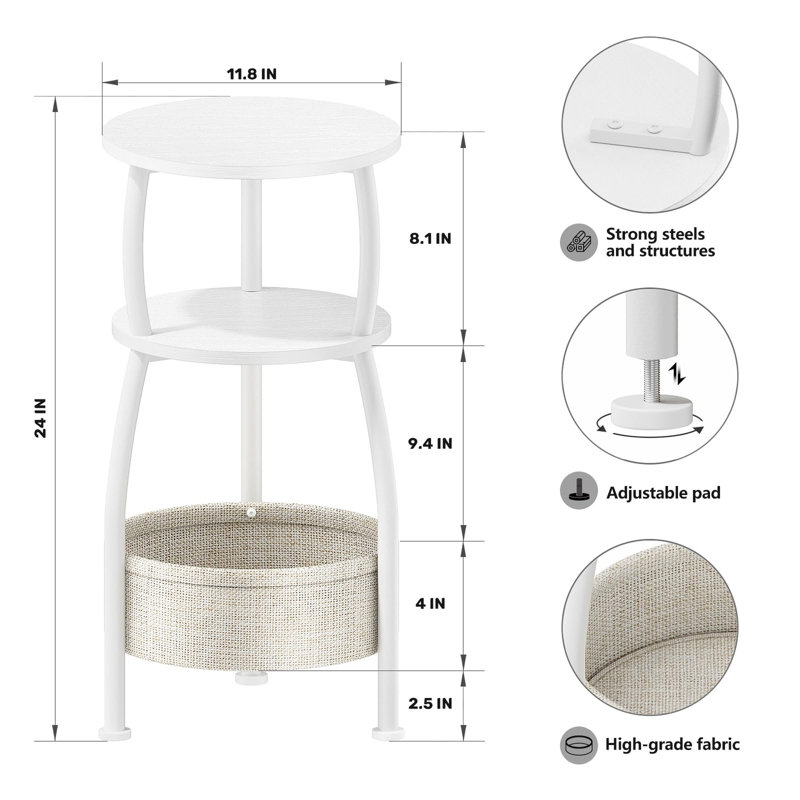 Petite table d'appoint ronde à 3 niveaux avec table d'appoint et panier de rangement pour canapé, Blanc mat / blanc, Blanc