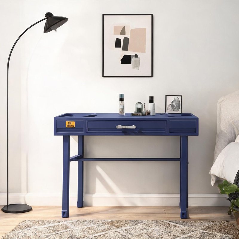 Bureau de 47 po avec panneau encastré, cadre en métal bleu riche et plateau en fer, un tiroir