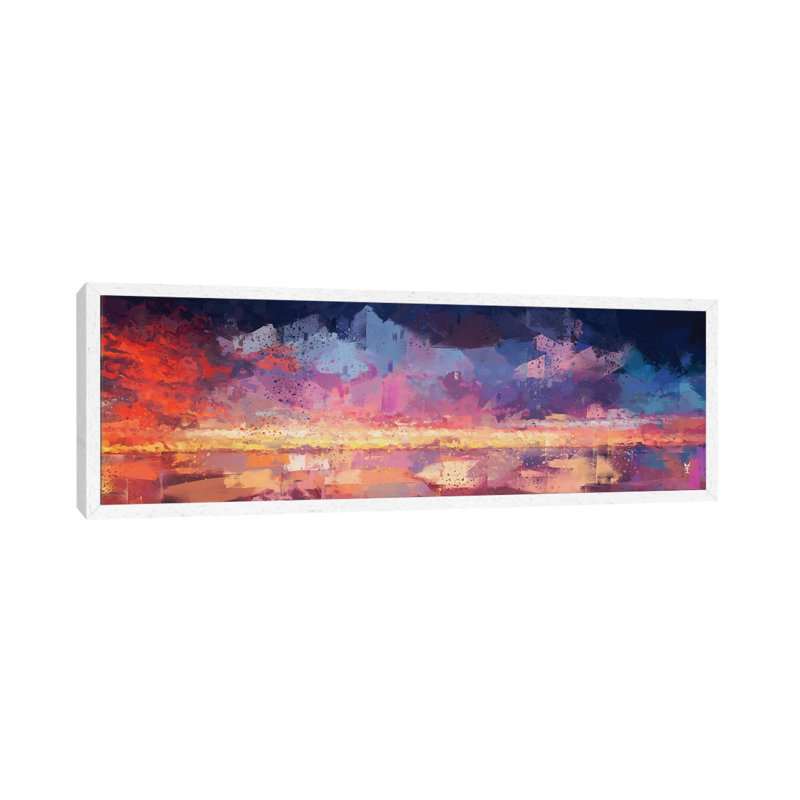Sunset In The Matrix by Van Credi - Panoramic Painting on Canvas, 40.64cm H x 121.92cm W x 3.81cm D, White Framed