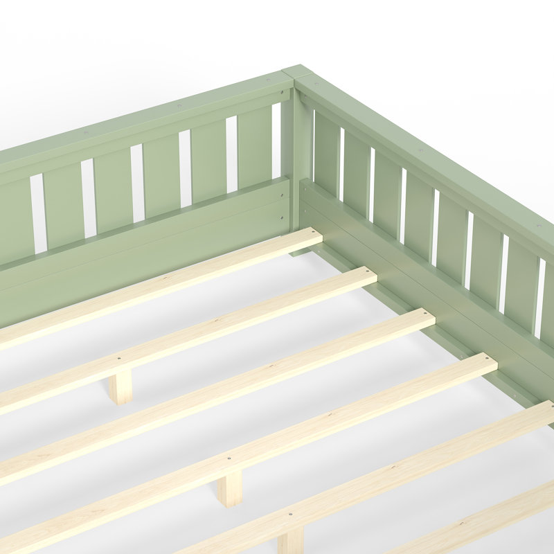 Full Size Kids Floor Bed With Fence And Built-In Bookshelf,Full Size Montessori Floor Bed With Slats And Safety Guardrail,Easy Assemble Montessori Beds For Kids,Green