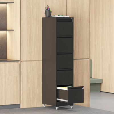 Classeur vertical à 5 tiroirs en noir avec roulettes, amplement d'espace pour les documents de format A4 / lettre / légal, - Inclinaison, Finition imperméable en métal robuste sur tous les tiroirs à verrou sécuritaire, Roulement à extension complète