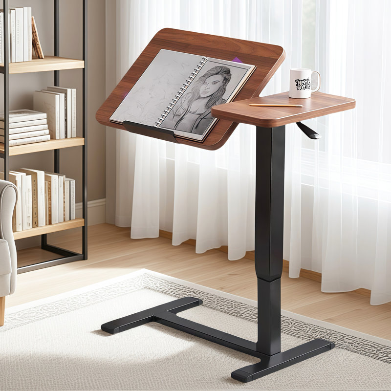 Table de chevet à hauteur réglable avec roulettes Support mobile pour ordinateur portable en noyer