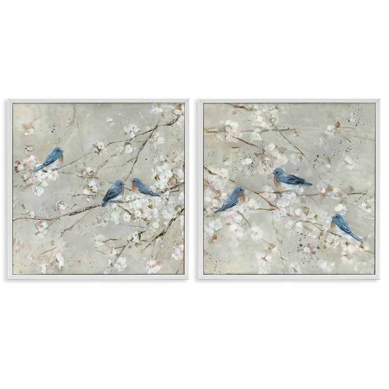 Oiseaux bleus perchés, arbre, fleurs, scène de printemps, Giclée encadrée blanc bord de mer, H 17 po x l 17 po