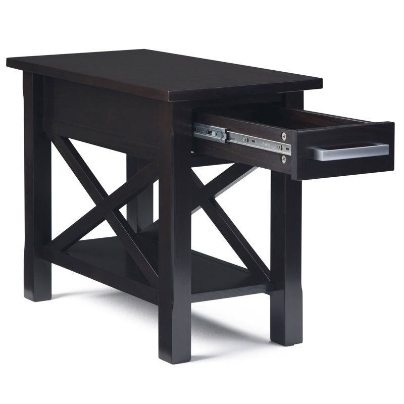 Kitchener 14"W Solid Wood Contemporary Narrow Rectangular End Table with Drawer, Open Shelf and X-Design, Black