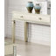 Élégante table de canapé glamour argentée avec tiroirs de rangement et plateau en verre trempé de 5 mm, parfaite pour les salons modernes.