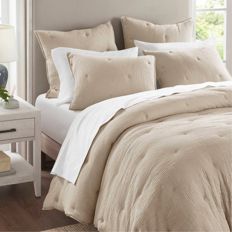 Ensemble de courtepointe brodée en coton 3 pièces grand / grand, taupe, Courtepointe pour grand lit + 2 taies décoratives