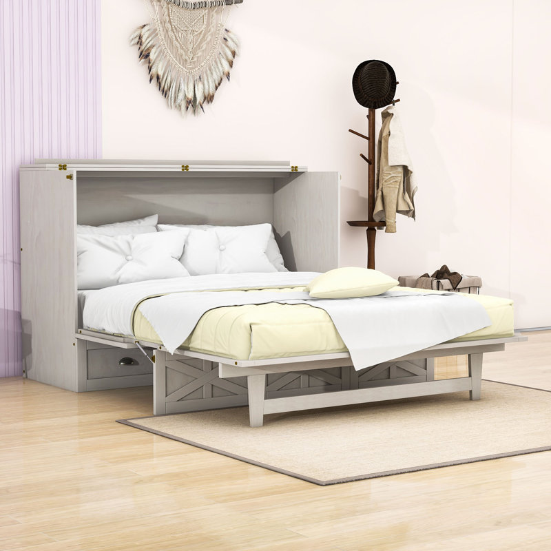 Lit escamotable double en bois avec grands tiroirs et USB Beaty, Blanc brossé