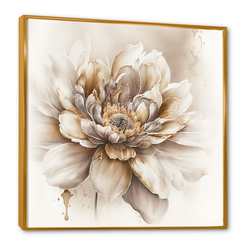 Blooming Beige Floral Design V - Art mural sur toile florale, H 24 po x l 24 po x P 1 po, Cadre flottant doré