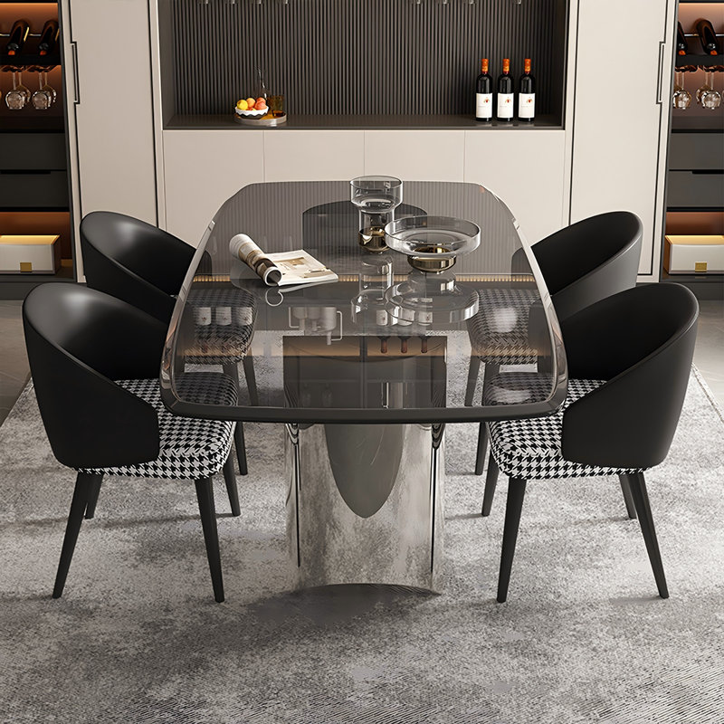 Tempered Glass Stainless Steel black Dining Table, 29.53" H x 70.87" L x 35.43" W