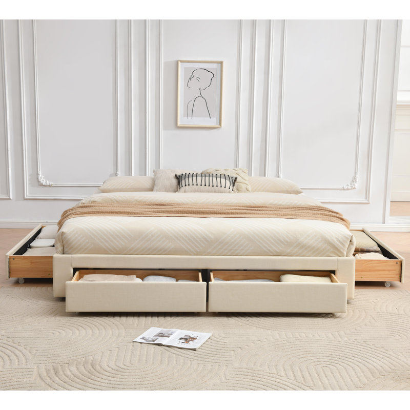 4 Drawer Upholstered Platform Storage bed, Beige, King