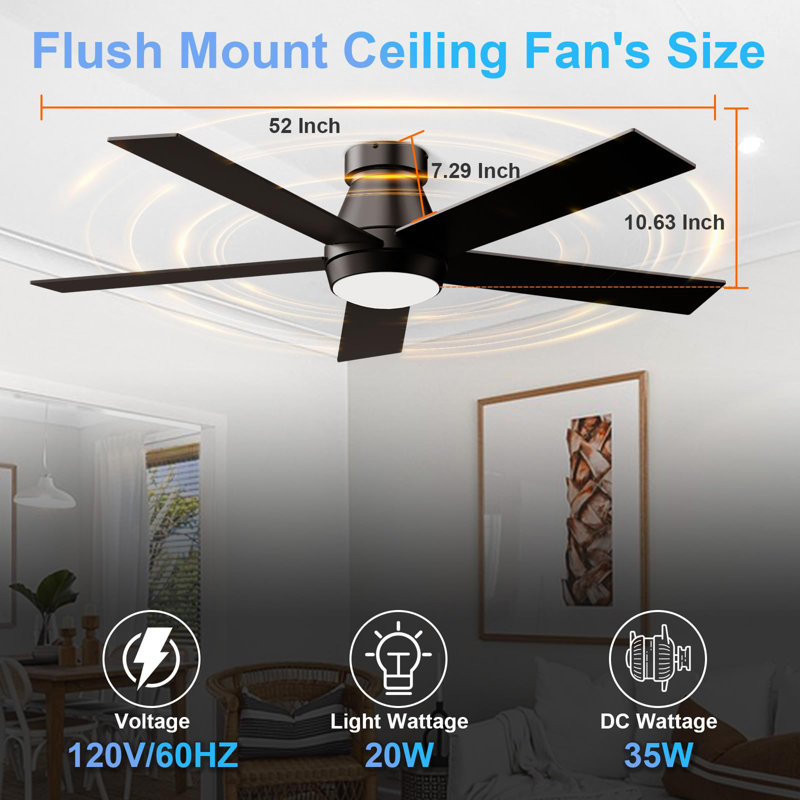 52 po Ventilateur de plafond noir intérieur / extérieur à intensité variable avec lumière et télécommande, 5 pales, réversible à 6 vitesses DC, silencieux