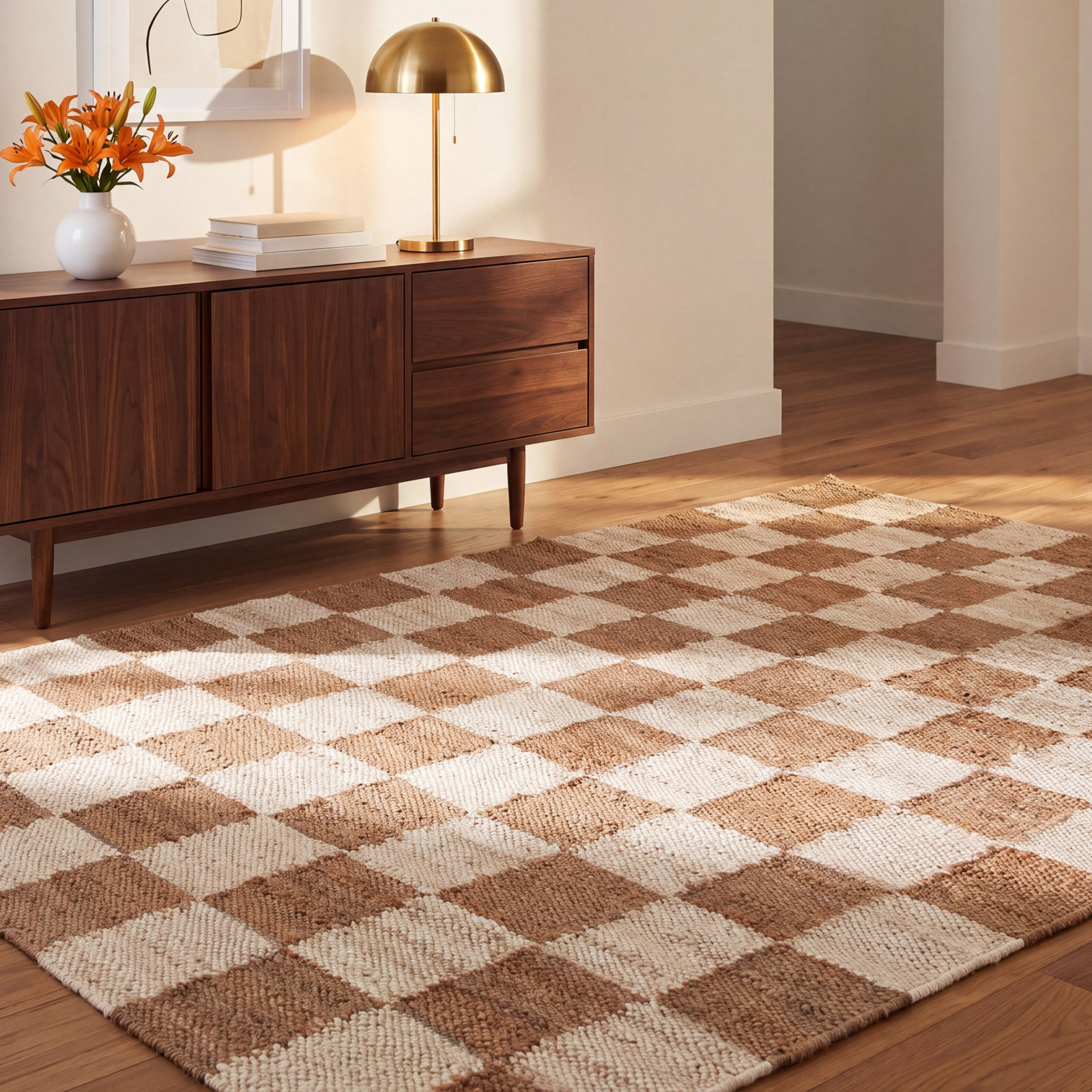 Madalene Natural Ivory Checkered Jute Rug, Rectangle 8' x 10'