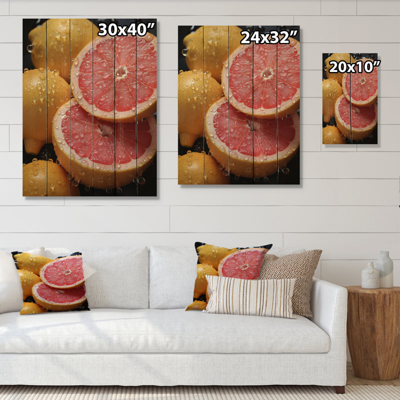 Fruit zesty pamplemousse pointillisme sur bois, H 20 po x l 10 po x P 0,78 po