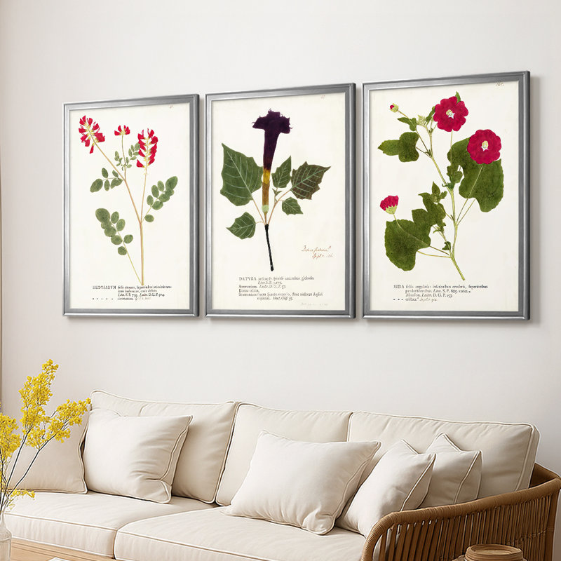 Nature imprimé Botanicals III - Toile tendue avec châssis sur mesure - 3 pièces, Argent argent, H 21 po x l 30 po