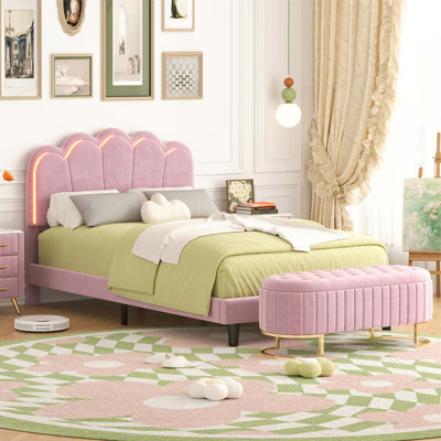 Ensemble de chambre à coucher 2 pièces lit plateforme tapissier avec repose-pieds en velours