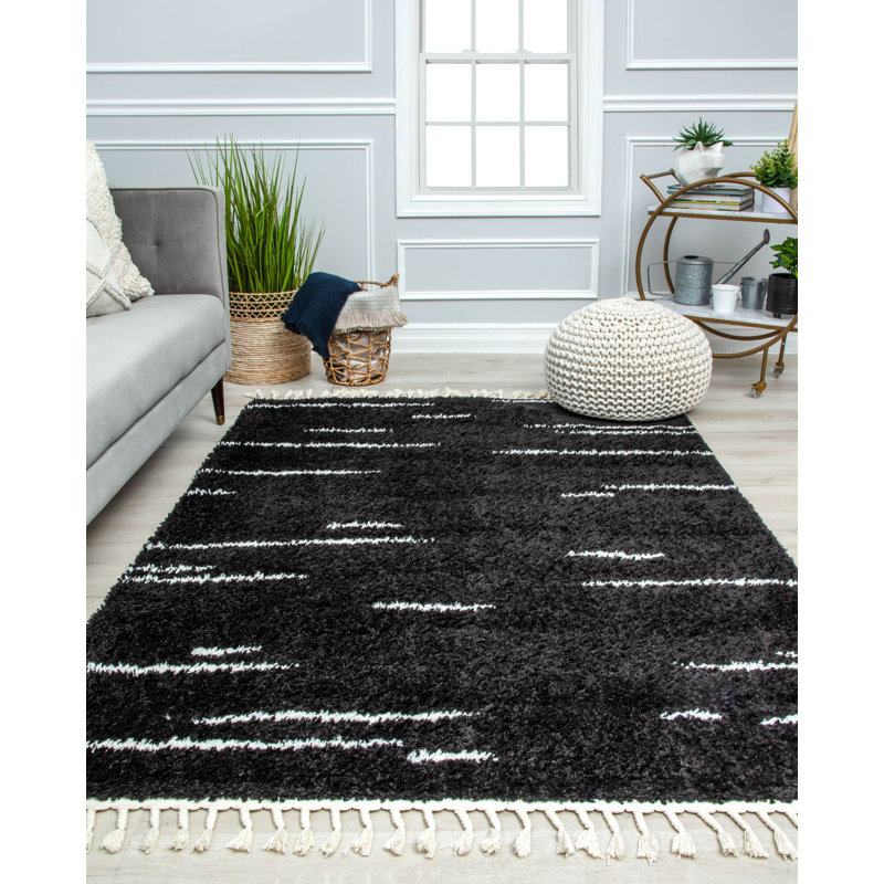 Introspective Black Abstract Shag Synthetic Area Rug with Braided Tassels