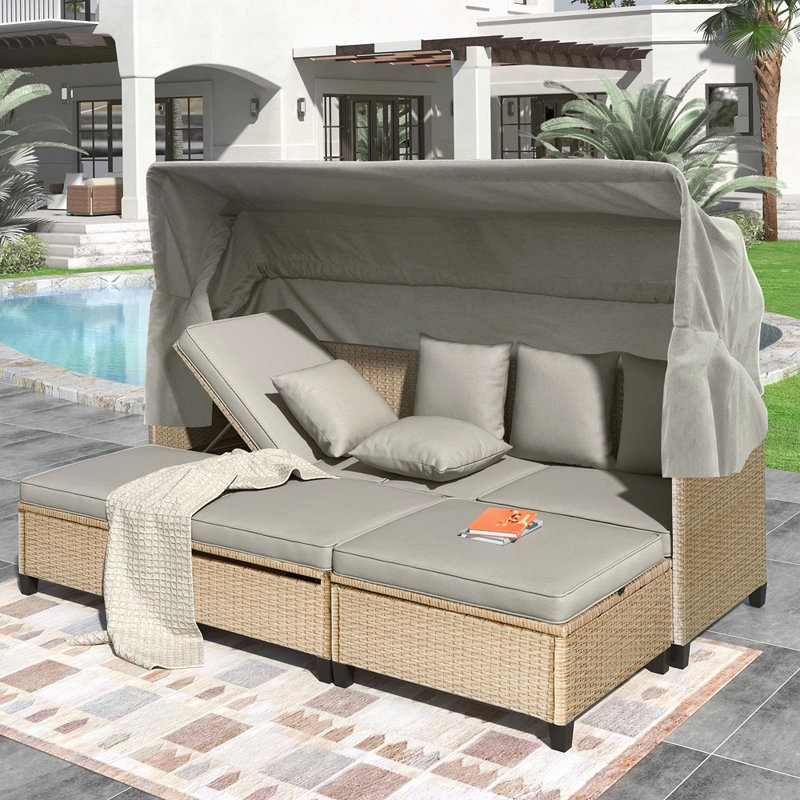 Ensemble 4 pièces de canapé de patio en résine tressée résistant aux rayons UV avec auvent rétractable, coussins et table élévatrice