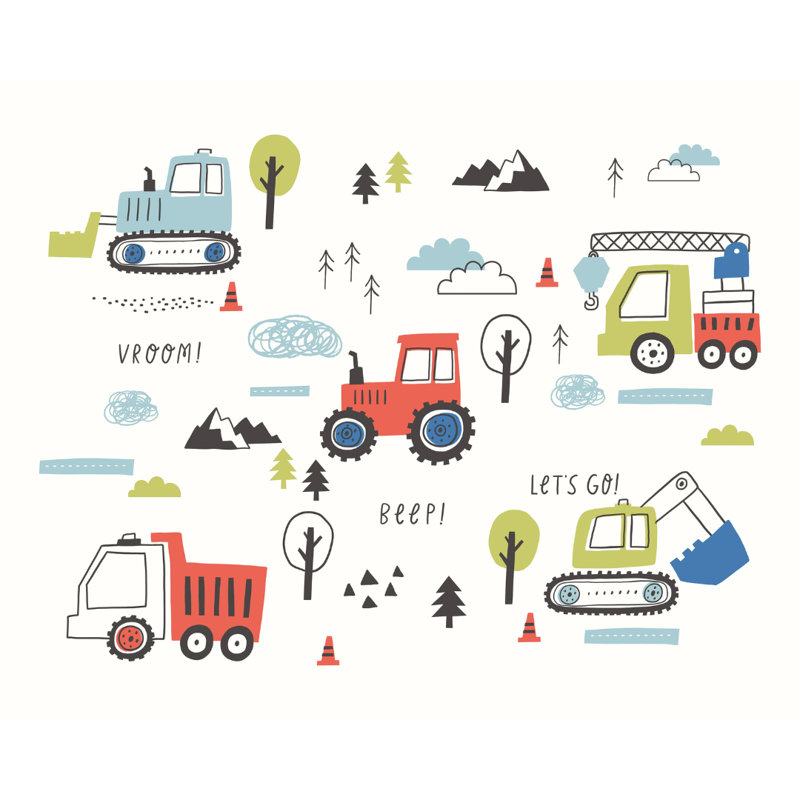 Tractors And Diggers - Wall Mural, Red, 240cm L x 300cm W 