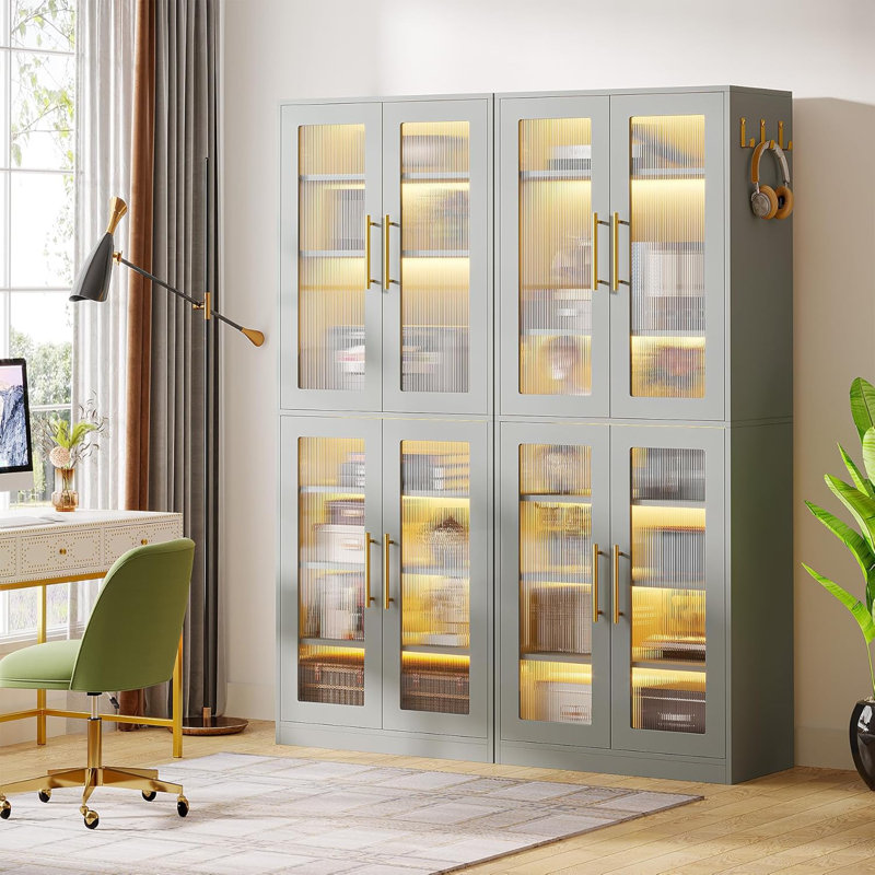 Tall Bookcase with Doors and LED Light, Gray