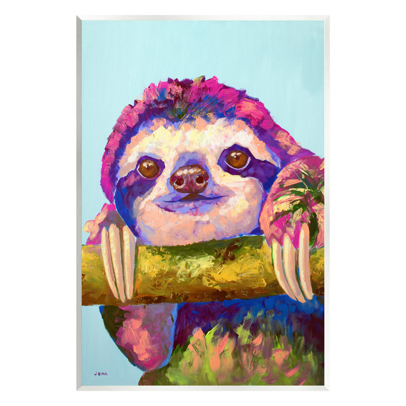 «Happy Sloth», animal sauvage audacieux - peinture, H 15 po x l 10 po x P 0,5 po, Bois