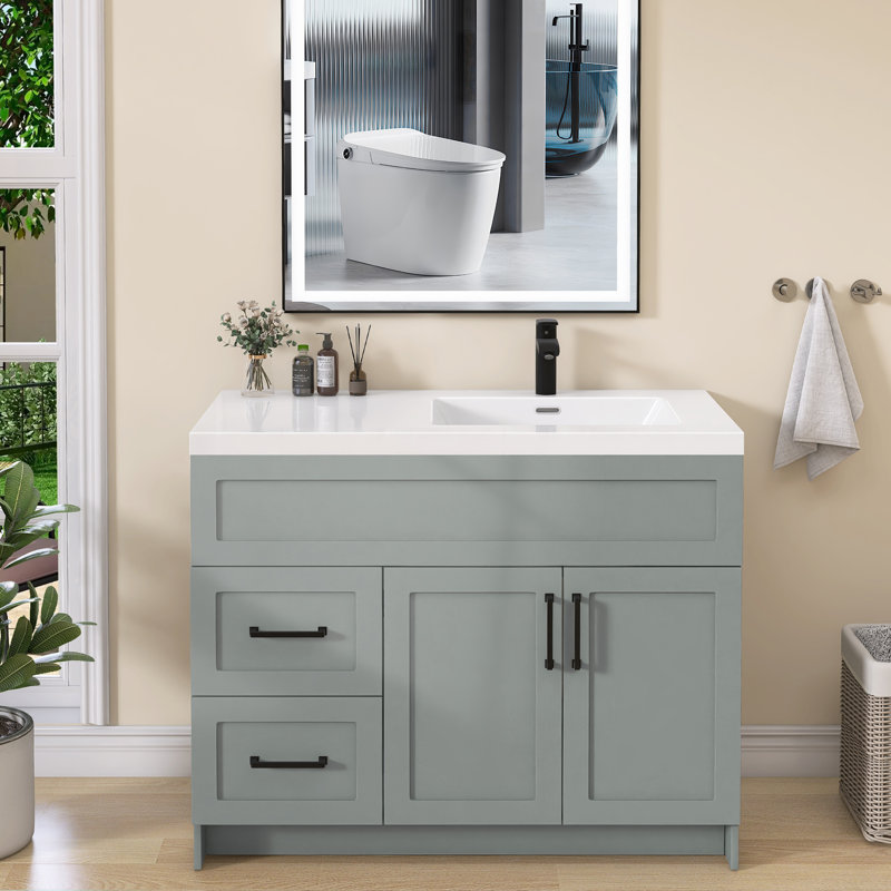 Dessus de meuble-lavabo simple 42 po x 22 po x 42 po avec comptoir en pierre en résine et comptoir blanc avec drain à droite et trou de robinet pré-percé