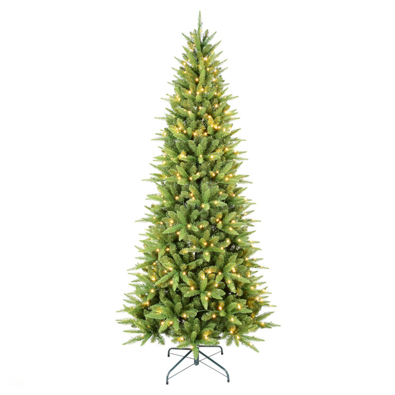 Arbre de Noël mince 6 pi avec 300 lumières DEL blanc chaud, 850 pointes en PE + PVC, conception à charnières peu encombrante, installation facile, support en métal robuste, arbre de Noël
