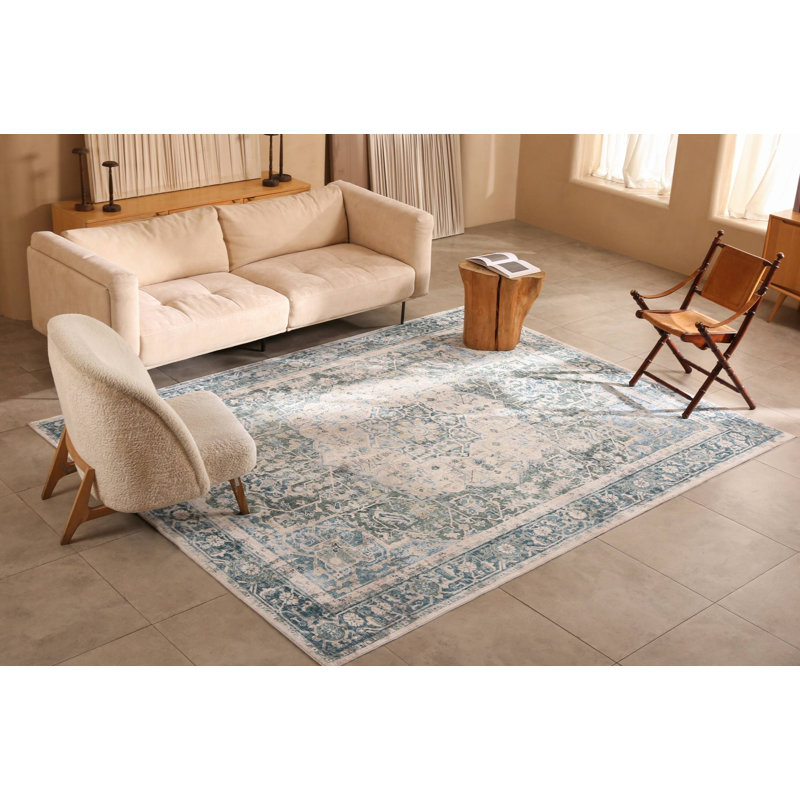 Tapis oriental ivoire délavé à la machine Octavia, bleu octavia, Rectangle 4 pi x 6 pi