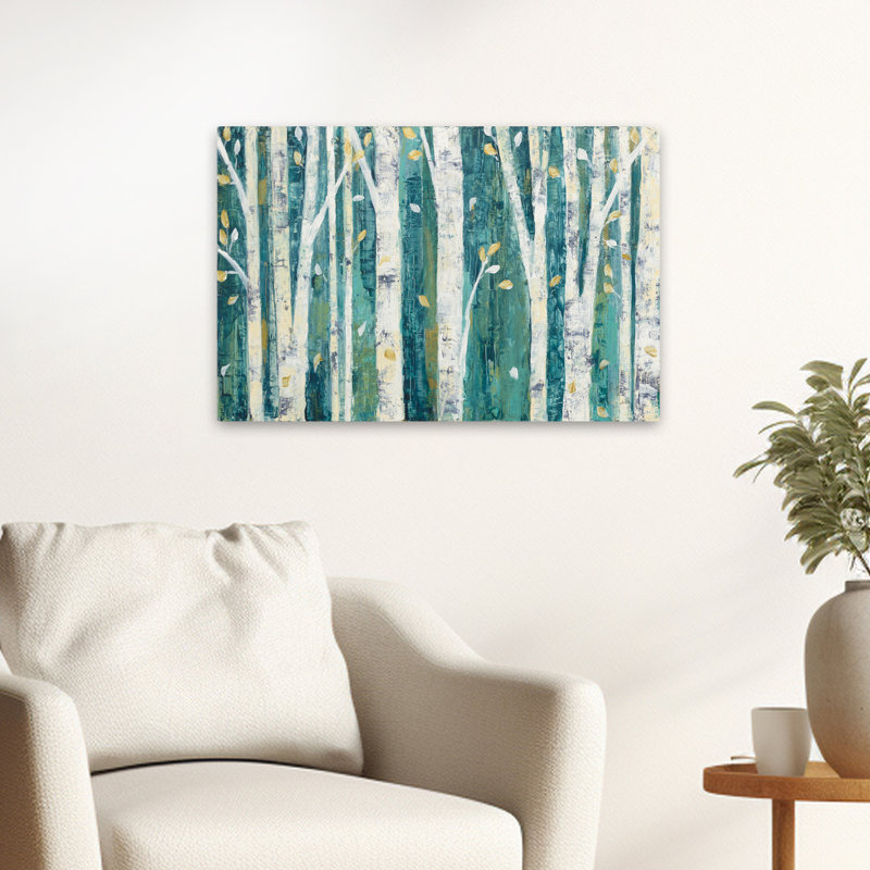 Art abstrait et bouleaux au printemps, H 16 po x l 24 po
