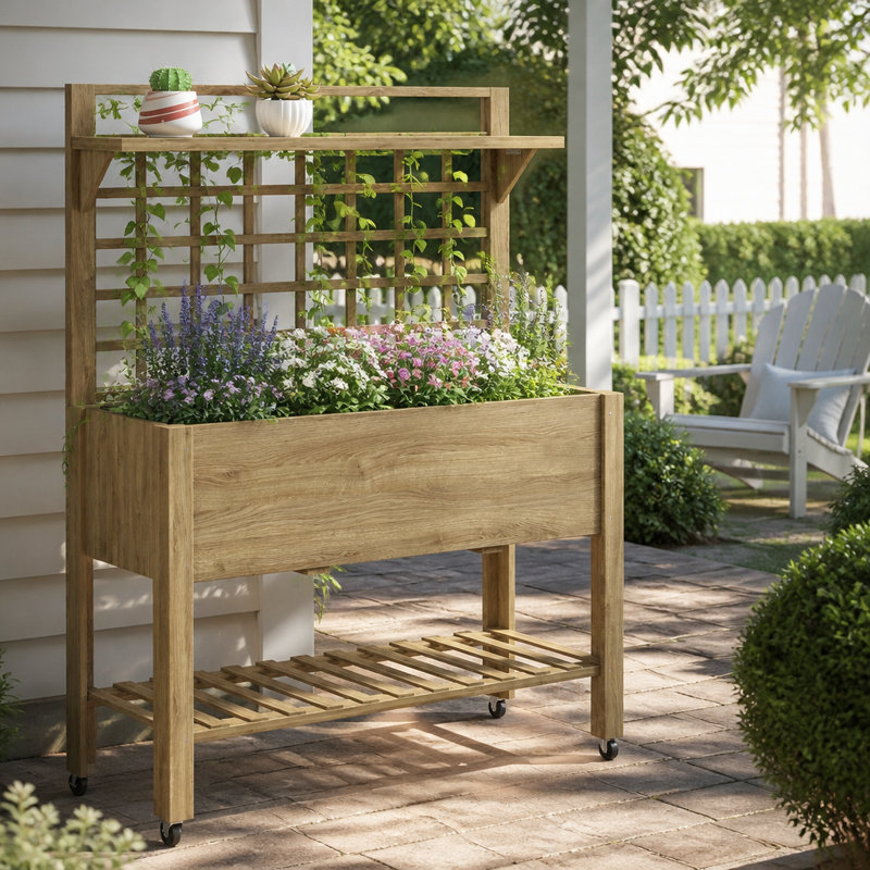 Potager surélevé mobile en bois avec treillis et rangement à plusieurs niveaux pour herbes aromatiques, légumes et fleurs