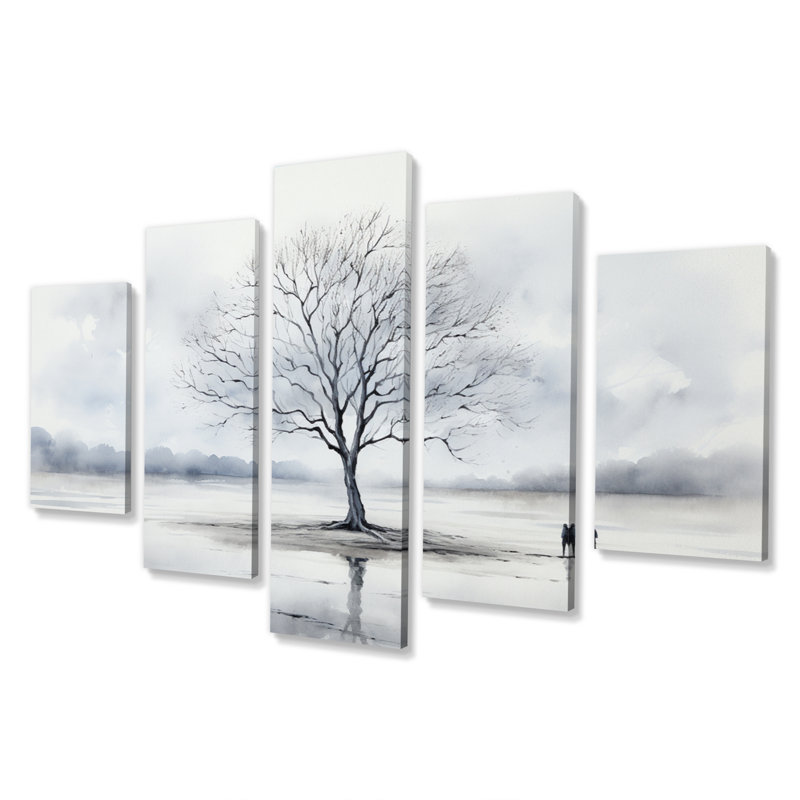  «Minimalisme gris arbre solitude VI - décoration murale florale - 5 panneaux