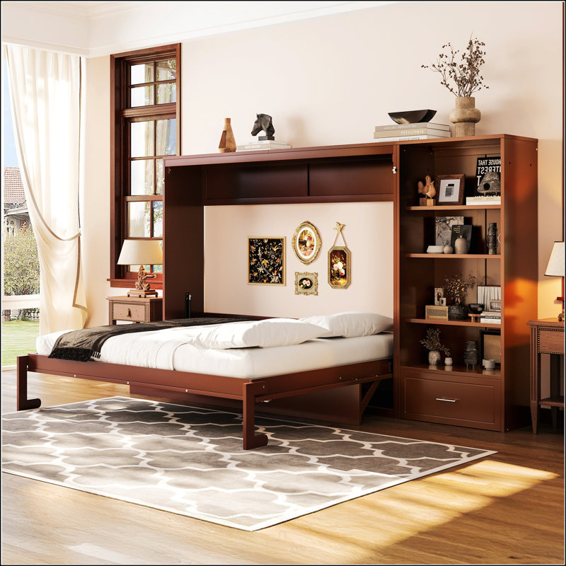 Grand lit escamotable avec rangement réglable, tablette et tiroir, pour une utilisation compacte et multifonctionnelle dans les chambres et les chambres d'amis.