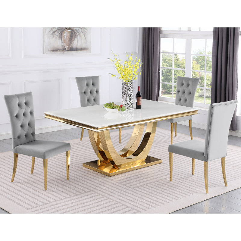 Baltazar 4 - Person Pedestal Dining Set, Gold/Gray, Gold