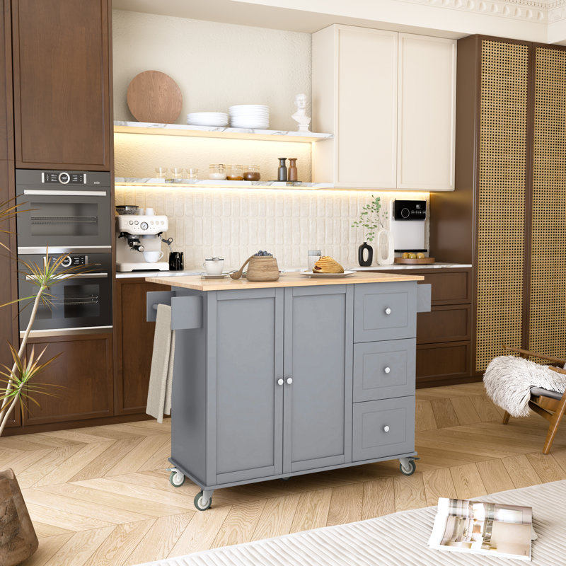 Chariot de cuisine roulant avec plateau en bois manufacturé Therald, Bleu gris