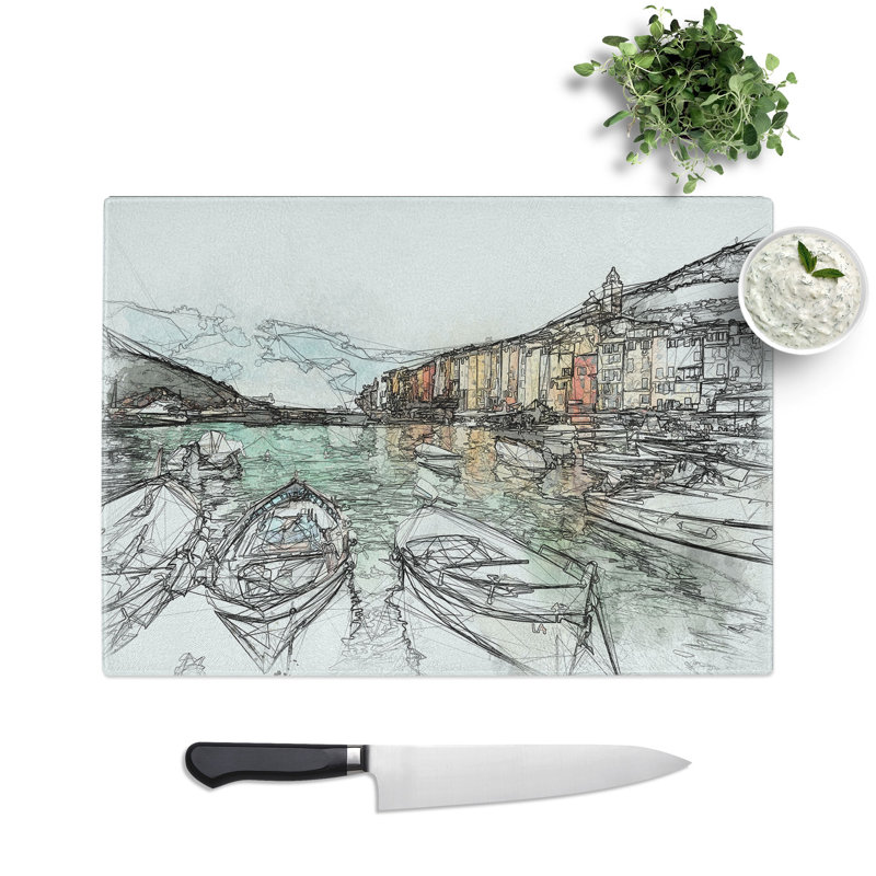 Tempered Glass Docked Boats in Portovenere Italy Sketch Chopping Board, 28.5 cm x 39 cm