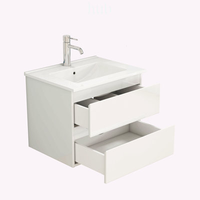 Meuble-lavabo de 61 cm avec lavabo, tiroirs à fermeture amortie, design sans poignées, montage facile pour les petits espaces