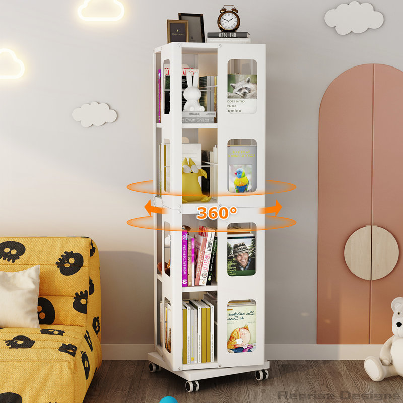 4-Tier All-Steel Rotating Bookshelf with 360° Wheels,Easy Assembly, White
