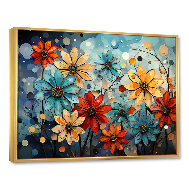 «Cubist Zinnias Flowers Collage» sur toile, Cadre flottant doré, H 24 po x l 32 po x P 1 po