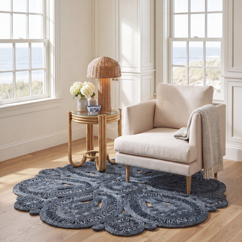 Tapis rond en jute tissé à la main bleu marine Dumas, Rond 5 pi