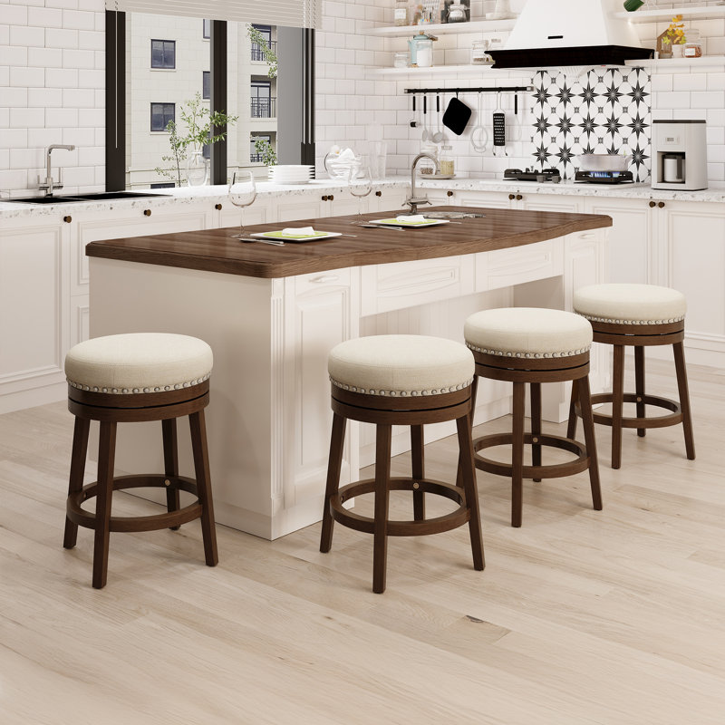 Upholstered Swivel Solid Wood Frame Bar Stool, Beige, Counter Stool (25" Seat Height)