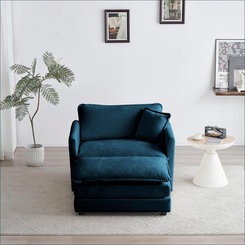 Fauteuil d'appoint avec repose-pieds, fauteuil de lecture rembourré moderne pour le bureau de la chambre à coucher | Bleu | Chenille