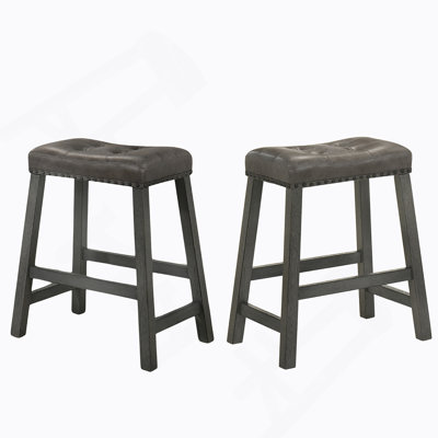 Rustic Backless Counter Stool Set Of 2 – 25 Inch Wooden Farmhouse Barstool With Leather Seat, Distressed Finish & Sturdy Frame – Space-Saving Counter-Height Seating For Kitchen & Bar