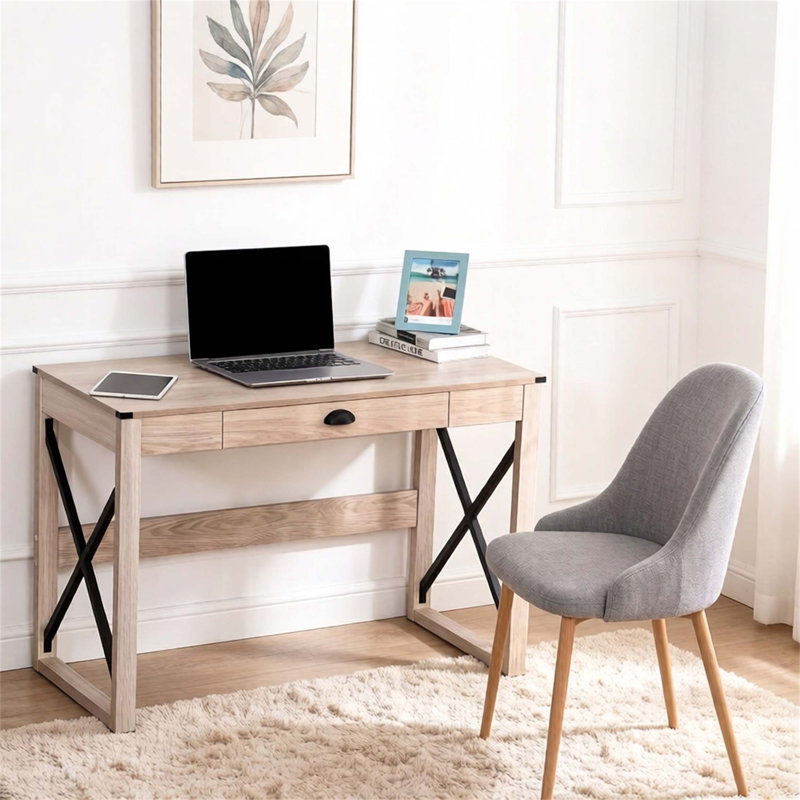 Bureau d'écriture de style rétro avec tiroir spacieux et stabilité en X, parfait pour la maison et le bureau.