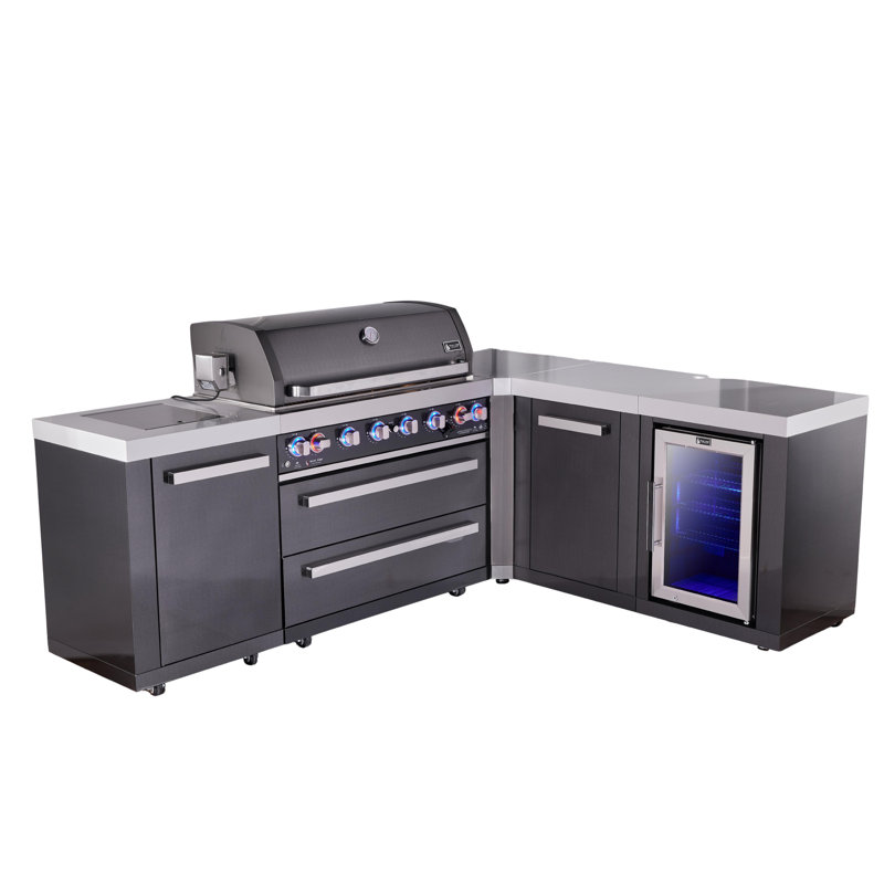 Mont Alpi Mai805-bss90fcxl 6-burner 94"x88" L-shaped Premium Black Stainless Steel Outdoor Kitchen Island Barbecue Gas Grill + Refrigerator + White Granite Countertops + Full Cover + Rotisserie Kit