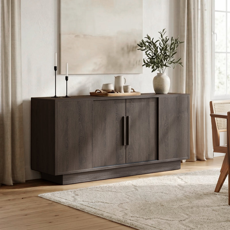 Buffet de 63 po avec 4 portes coulissantes et armoire de rangement en bois, Marron foncé