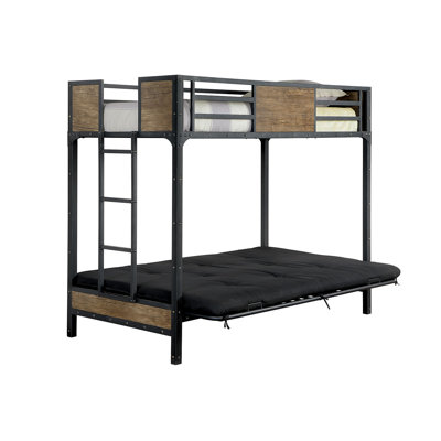 Industrial Style Unique Bunk Bed Twin Over Futon Metal Structure Attached Ladder With Wood Panels Nailhead Trim Black Finish Mattress-Not Included