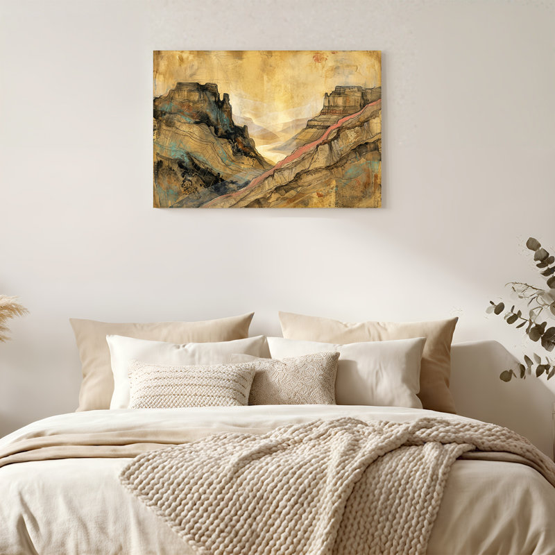 Abstrait paysage de canyon avec rivière rose et tons de terre, art mural, H 32 po x l 48 po