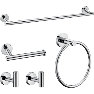 Ensemble de 5 accessoires de salle de bain en chrome poli comprenant une barre porte-serviettes de 61 cm, un anneau porte-serviettes, un porte-papier hygiénique et 2 crochets pour peignoir, en acier inoxydable SUS304, à fixer au mur.
