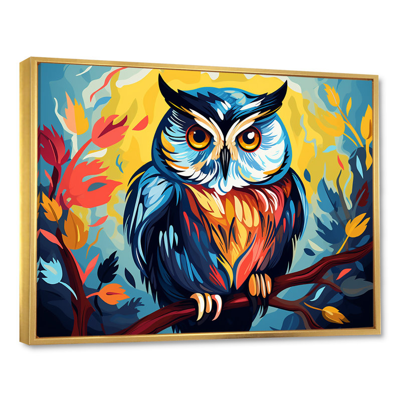 Chouette colorée Popart Watchers III - hibou, art mural animal, Cadre flottant doré, H 30 po x l 40 po x P 1,5 po